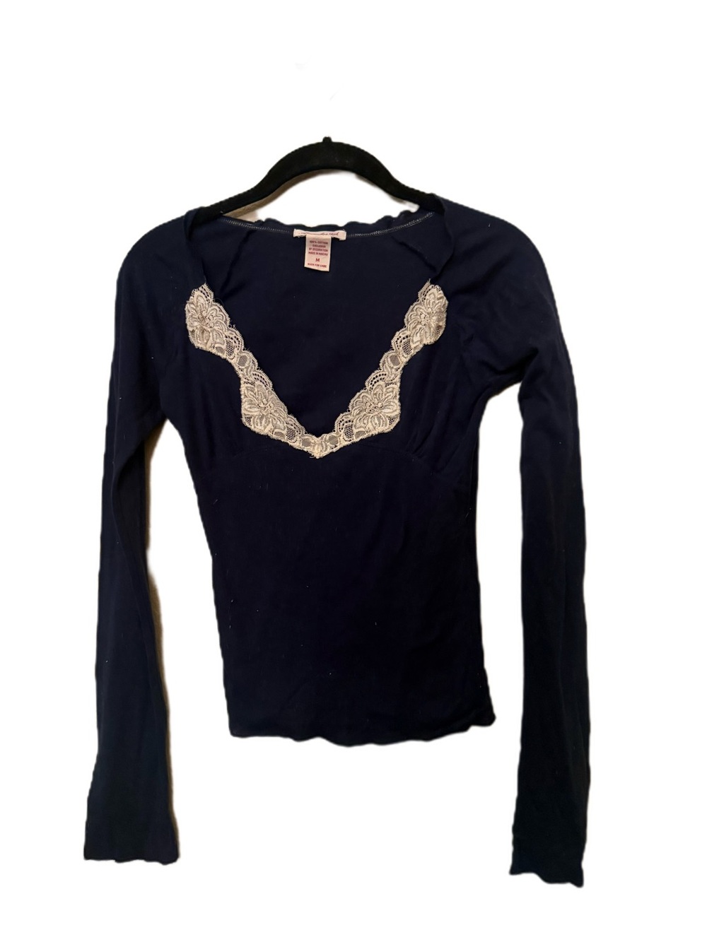 Y2K Abercrombie & Fitch Women’s Navy Long-Sleeve Lace-Trim Top